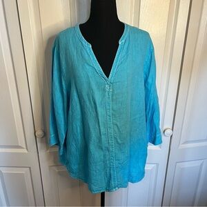 Hot Cotton by Marc Ware 100% Linen Blouse Sz 1X Turquoise V Neck Boxy Shirt 3/4